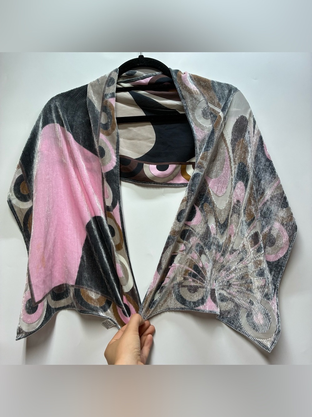 Emilio Pucci Silk Velvet Long Scarf Pink Firenze Geometric Pleated Abstract